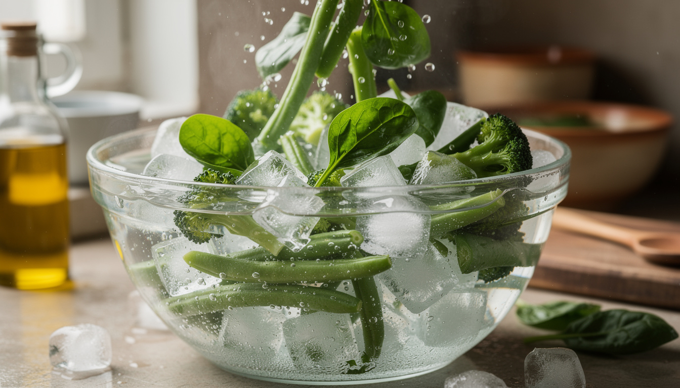 découvrez l'astuce pour cuire des légumes verts parfaitement : plongez-les dans l'eau glacée après cuisson pour fixer leur couleur vive et préserver leur fraîcheur.