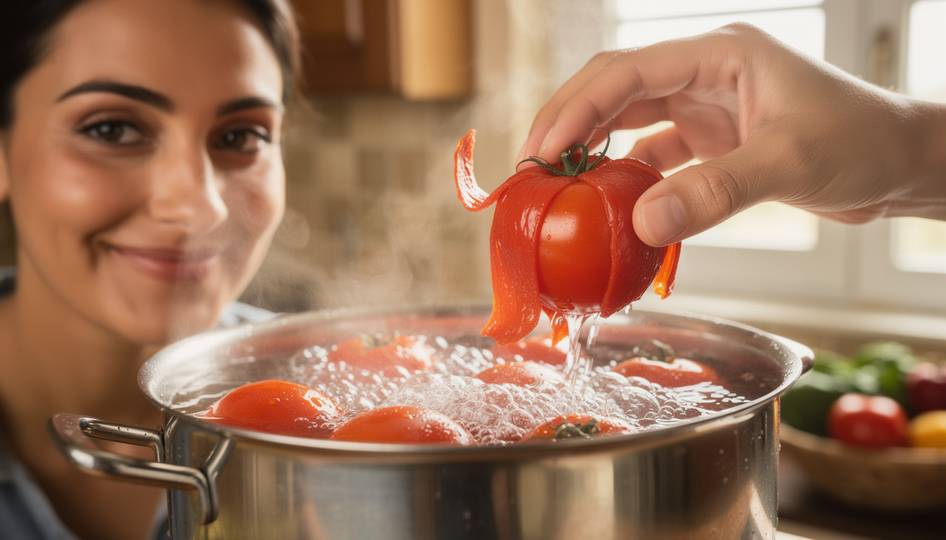 découvrez comment peler facilement des tomates en seulement 10 secondes grâce à l'astuce simple de l'eau bouillante, pour des recettes réussies et sans tracas.